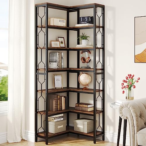 Tribesigns Corner Shelf, 7-Tier Industrial Corner Bookshelf and Bookcase | Freestanding Display Shelf for Living Room, Wood and Metal Corner Book Shelves, Corner Bookcase for Home Office, Rustic Brown - color: Rustic Brown