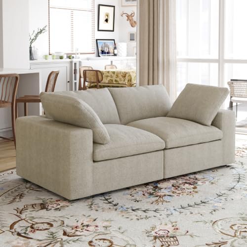 79" Cloud Modular Sofa, Convertible Modular Loveseat Couch, Cotton Linen Fabric Sofa for Living Room, Apartment and Bedroom, Removable Covers, 2 Pillows, Khaki - color: Khaki, size: 2-Seater
