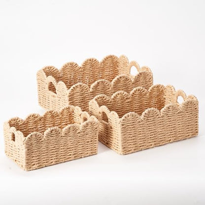 Scalloped Wicker Baskets Set of 3, Hand-Woven Storage with Handles | set of 3 beige scalloped baskets with handles. Hand-woven paper rope for shelves, bathroom or closet. Stackable, sturdy. - color: Beige