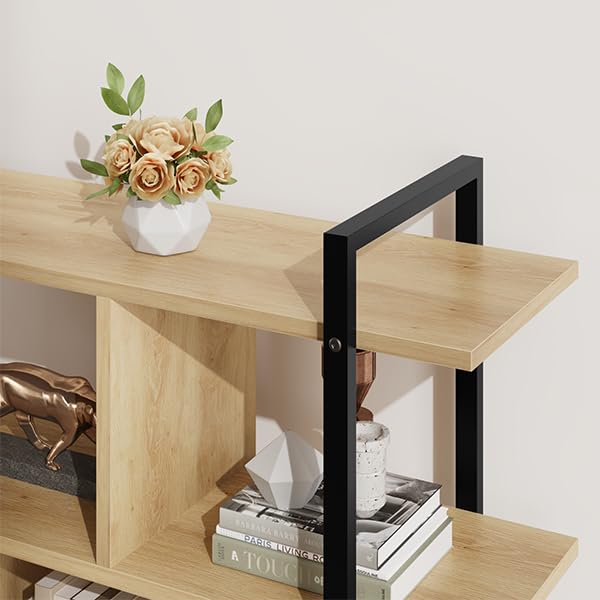 IDEALHOUSE 5 Tier Tall Bookshelf with Open Display Shelves, 71 Inch Rattan and Metal Frame Bookcase with Storage, Multi-Use Bookcase for Living Room, Bedroom, and Home Office - color: Natural Wood