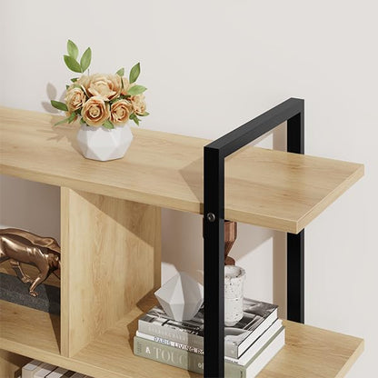 IDEALHOUSE 5 Tier Tall Bookshelf with Open Display Shelves, 71 Inch Rattan and Metal Frame Bookcase with Storage, Multi-Use Bookcase for Living Room, Bedroom, and Home Office - color: Natural Wood