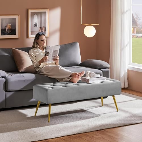 Yaheetech 45in Upholstered Velvet Ottoman Bench Seat with Gold Legs, Gray | Tufted Upholstered Bench Seat, Bed Bench with Tapered Gold Metal Legs, Sized for Window Seat Entryway Living Room - color: Grey