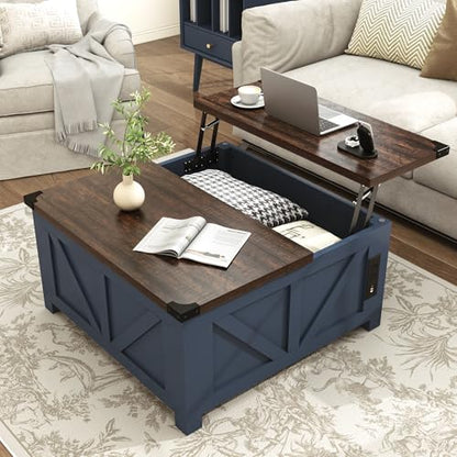 jimeimen Farmhouse Lift Top Coffee Table with Storage, Wood Square Center Table with Charging Station&USB Port, Living Room Table w/Large Hidden Space, for Living Room, Bedroom, Home Office, Blue - color: Blue