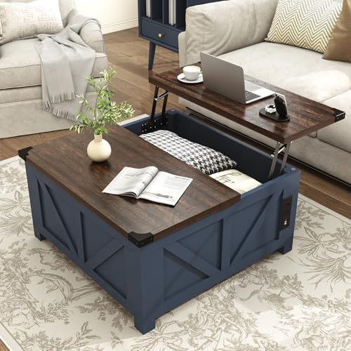 jimeimen Farmhouse Lift Top Coffee Table with Storage, Wood Square Center Table with Charging Station&USB Port, Living Room Table w/Large Hidden Space, for Living Room, Bedroom, Home Office, Blue - color: Blue