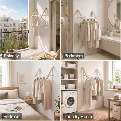 LEQ Clothes Drying Rack Wall Mounted, Foldable Laundry Drying Rack with Wood-Tone Aluminum Frame, Rustproof Retractable Clothes Hanger for Small Laundry Room, Bathroom, Balcony,(White, 2 Racks + Rod) - size: 2 Racks+Rod