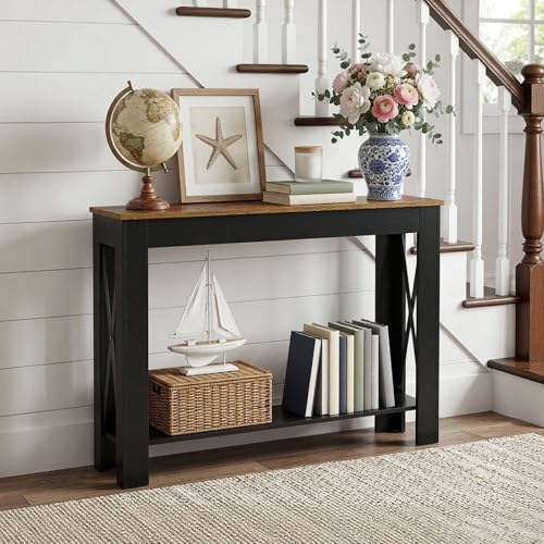 Farmhouse Console Table, 39.4'' Small Narrow Entryway Table, Wood Couch Table Behind Sofa with Storage Shelf, Slim Farmhouse Hallway Table for Hallway, Foyer, Black and Rustic Brown CT34BR - color: Black + Rustic Brown