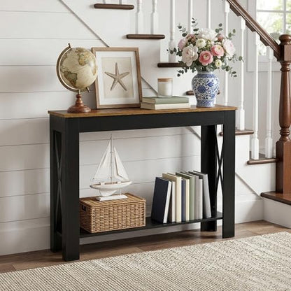 Farmhouse Console Table, 39.4'' Small Narrow Entryway Table, Wood Couch Table Behind Sofa with Storage Shelf, Slim Farmhouse Hallway Table for Hallway, Foyer, Black and Rustic Brown CT34BR - color: Black + Rustic Brown