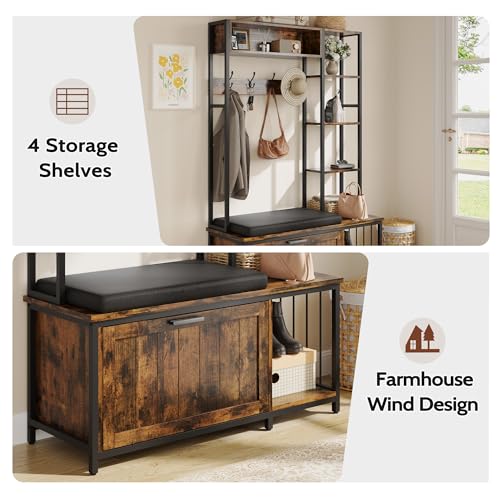 Hall Tree Coat Rack, Hall Tree With Bench and Shoe Storage Shoe With, Mud Room Storage Furniture，39.37 X 15.74 X 69.69 Inches, Brown - color: Brown