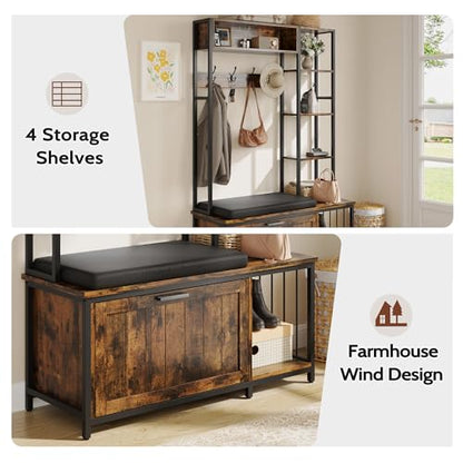 Hall Tree Coat Rack, Hall Tree With Bench and Shoe Storage Shoe With, Mud Room Storage Furniture，39.37 X 15.74 X 69.69 Inches, Brown - color: Brown