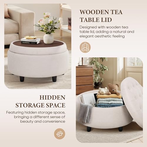 COLAMY Round Hidden Storage Ottoman with Reversible Tray Lid – Multi-Functional Footrest, Sturdy & Stylish Fabric Coffee Table for Living Room, Bedroom, or Entryway, Beige - color: Beige