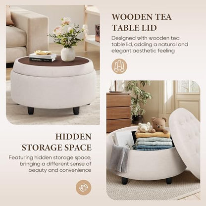 COLAMY Round Hidden Storage Ottoman with Reversible Tray Lid – Multi-Functional Footrest, Sturdy & Stylish Fabric Coffee Table for Living Room, Bedroom, or Entryway, Beige - color: Beige