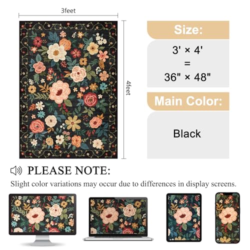 DUKINO 3x4 Area Rug, Floral Washable Rug for Kitchen Non Slip, Black | Low Pile, Soft, Stain Resistant Indoor Rug for Entryway, Bedroom, Bathroom, Laundry, Pet Friendly, Home Decor, Lightweight - color: Black, size: 3' x 4' (Rectangular)