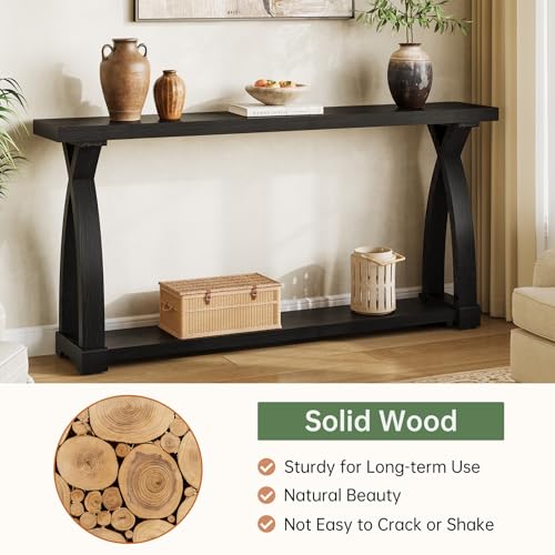 Solid Wood Console Table for Entryway, 63-Inch Narrow Farmhouse Couch Table Behind Sofa with 2-Tier Storage for Entrance, Foyer, Living Room, Long, Black (Black) - color: Black