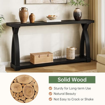 Solid Wood Console Table for Entryway, 63-Inch Narrow Farmhouse Couch Table Behind Sofa with 2-Tier Storage for Entrance, Foyer, Living Room, Long, Black (Black) - color: Black