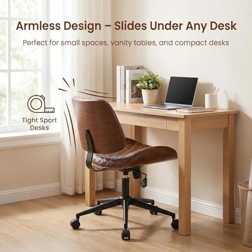 Furnimart Wooden Armless Desk Chair with Wheels, 360° Swivel Faux Leather Vanity Chair for Bedroom, Small Office Computer Task Chair for Home & Compact Spaces (PU Brown) - color: Pu-brown