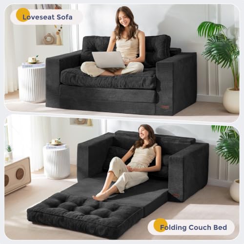 MAXYOYO Folding Sofa Bed, Convertible Sleeper Loveseat with Pillows | 2-Person Fold-Out Loveseat, Convertible Sleeper Bed with Supportive Pillows for Relaxing or Overnight Guests, Black - color: Black