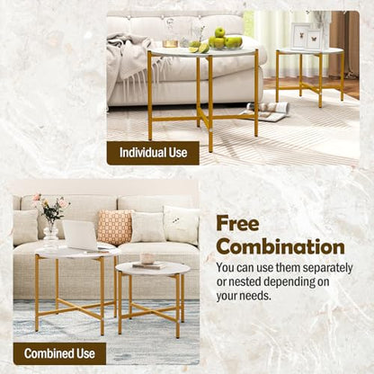 GOFLAME Nesting Coffee Table Set of 2, Round Coffee Tables with Wood Tabletop & Heavy-Duty Metal Frame, Modern Circle End Table & Side Tables, Nesting Tables for Living Room, Bedroom (White) - color: White