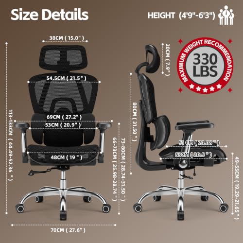 Mesh Office Chair Breathable, Office Chairs, Desk Chair with Adjustable Lumbar Support, Computer Chair, 5D Flip-Up Armrests, 330lbs Capacity, Tilt Lock, 3D Headrest