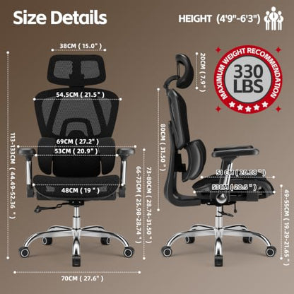 Mesh Office Chair Breathable, Office Chairs, Desk Chair with Adjustable Lumbar Support, Computer Chair, 5D Flip-Up Armrests, 330lbs Capacity, Tilt Lock, 3D Headrest