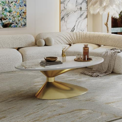 49.2" Oval Marble Coffee Table with Gold Stainless Steel Base, Luxury Sintered Stone Top Center Cocktail Tea Tables for Living Room,Easy Assembly - color: Style 4: Gold Base