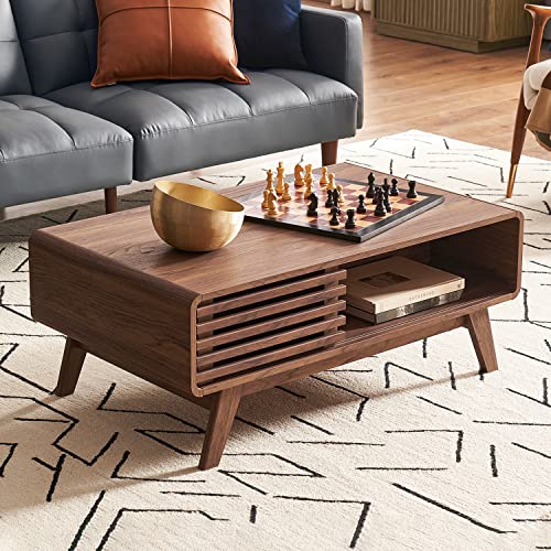 mopio Ensley Dual-Side Storage Coffee Table – Mid Century Modern Fluted Wood Table with 4 Compartments for Living Room Organization, Curved Safety Edges, Tapered Legs (Walnut, 39.2" W x 23.2" D) - color: Walnut