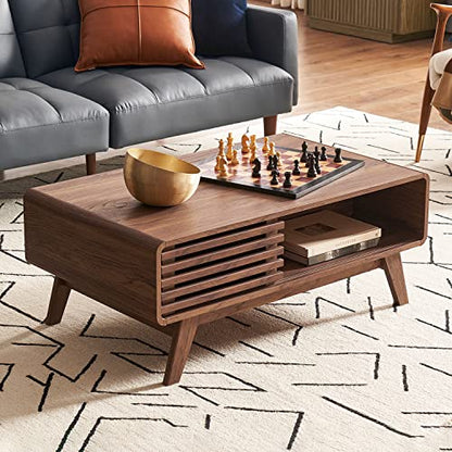 mopio Ensley Dual-Side Storage Coffee Table – Mid Century Modern Fluted Wood Table with 4 Compartments for Living Room Organization, Curved Safety Edges, Tapered Legs (Walnut, 39.2" W x 23.2" D) - color: Walnut