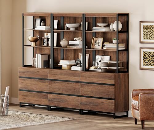 WAMPAT 3 PCS Modern 72" Tall Bookshelf with 6 Drawers and Open Book Shelves, Library Bookcase with Storage Cabinet and Metal Base, Wood Freestanding Bookshelves for Home Office, Living Room, Brown - color: Brown-b, size: 3 PCS