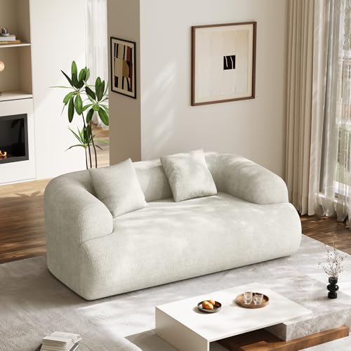 75" Boneless Cloud Loveseat, Modern Cute Curved Chenille Sofa, 2 Seater Compression Couch with 2 Pillows, No Assembly Required for Apartment Living Room, Beige White - color: Beige, size: 75''