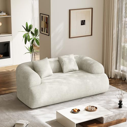 75" Boneless Cloud Loveseat, Modern Cute Curved Chenille Sofa, 2 Seater Compression Couch with 2 Pillows, No Assembly Required for Apartment Living Room, Beige White - color: Beige, size: 75''