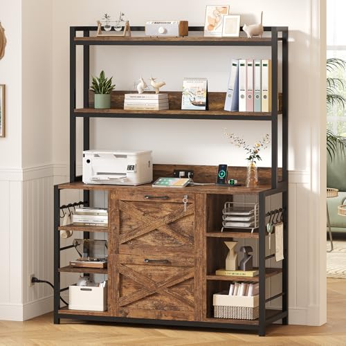 SEDETA File Cabinet, Filing Cabinet fits Legal/Letter/A4 Size, 2 Drawer Filing Cabinets for Home Office with Lock, Power Strip and Open Storage Shelves, Rustic Brown - color: Rustic Brown