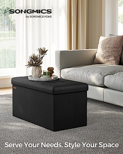 SONGMICS Mazie Collection - 76.2cm(30인치) 접이식 보관 오토만 벤치, 오토만 발 받침대, 침대 끝 벤치, 보관 상자, 하중 299.4kg(660파운드), 거실, 침실, 입구, 잉크 블랙 ULSF047B01 - color: 잉크 블랙., size: 15"D x 30"W x 15"H