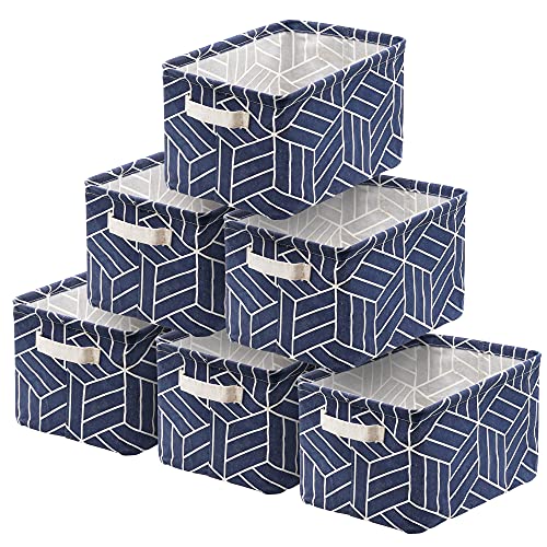 CROWNED 6 Pcs Storage Basket Foldable Cube Fabric Bins Square Mini Box Receive Organizer Rectangle Canvas with Handles for Home Office Books Small 11x8x6.3 inch Navy | 11x8x6.3 inch Square Mini Box Receive Organizer, Small Rectangle Canvas with Handles, F