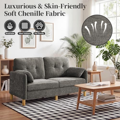 Mid Century Modern Couch, 65" Loveseat Sofa, Light Grey | Storage Pockets, Upholstered Small Loveseat for Small Spaces, Bedroom, Home Office, Apartments - color: Light Grey