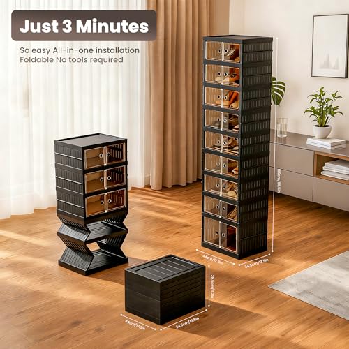 Foldable Shoe Organizer Storage Box, Portable Extra Large Folding Shoe Rack for Closet, Shoe Storage Box with Magnetic Transparent Door and Wheels, 9 Layers 18 Grids with 2 Big Grids - size: Black 9 Layers-B