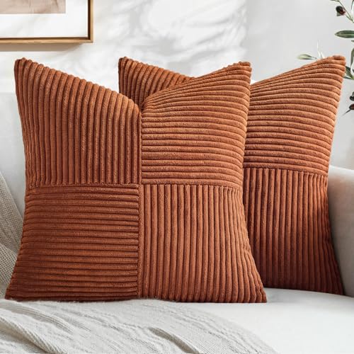 MIULEE Fall Rust Boho Decorative Throw Pillow Covers for Couch 16x16 Inch | 2 Pack, Boho Farmhouse Pillow Covers, Soft Cross Corduroy Patchwork Textured Cushion Cases For Bed Sofa - color: Rust, size: 16" x 16" (Pack of 2)