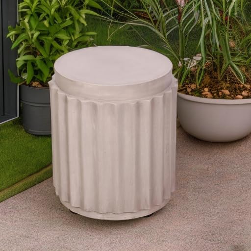 Afterglow Outdoor Round Side Table, 14.6" Retro Modern Fluted Accent End Table, Nightstand Bedside Tables for Living Room Bedroom Sofa Couch Small Space Patio Decor - color: Beige Accent Drum