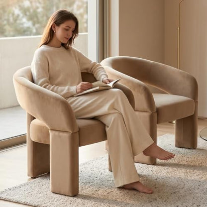 LukeAlon Mid Century Modern Velvet Accent Chair – Round Barrel Back Armchair, Comfy Upholstered Lounge Chair for Living Room, Bedroom, Office, Waiting Rooms, Khaki