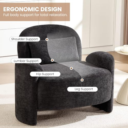Accent Chair for Living Room, Modern Chenille Fabric Lounge Reading Sofa Chair with Lumbar Pillow, Upholstered Arm Chairs for Bedroom, Office, Dark Grey - color: Dark Grey