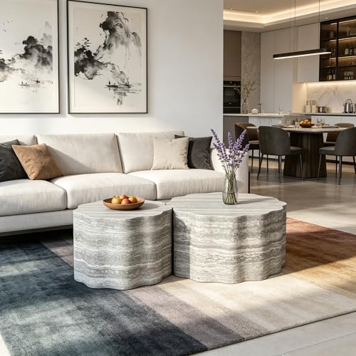 Nesting Coffee Table Set of 2, Modern Wood Center Table for Living Room, Faux Mars Pattern Side Table Accent End Table for Apartment Office, No Need Assembly (26.7"& 23.6",Beige & Grey) - color: 26.7"& 23.6" Beige Grey