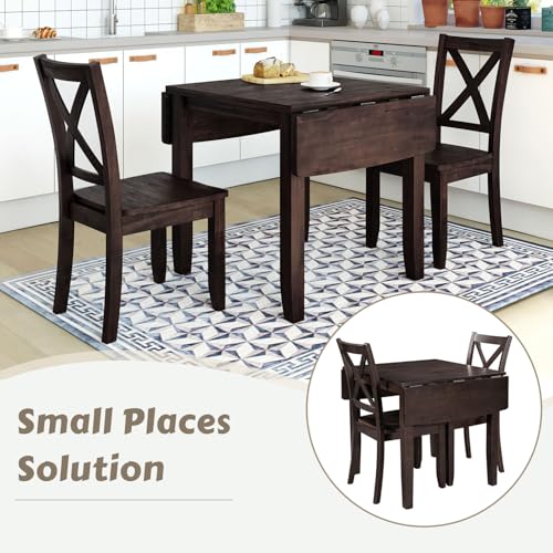 3-Piece Farmhouse Dining Table Set, Wood Drop Leaf Breakfast Nook Set | Dining Table Set with 2 X-Back Chairs, Space-Saving Breakfast Nook Dining Set for 2 People for Small Places (Espresso) - color: Espresso