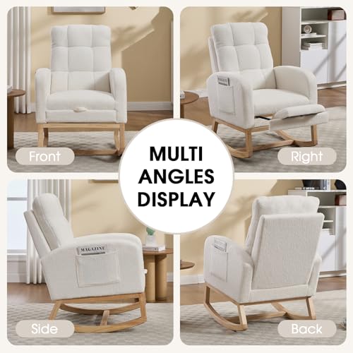 Rocking Chair Nursing, Rocker Chair with Footrest (White Retro) | Teddy Boucle Upholstered Accent Reading Chair with High Back & Side Pocket for Living Room Bedroom Nursery Office - color: White Retro