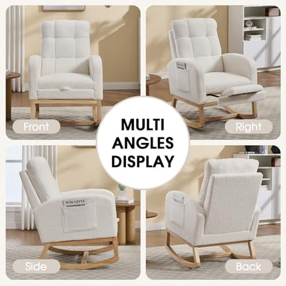 Rocking Chair Nursing, Rocker Chair with Footrest (White Retro) | Teddy Boucle Upholstered Accent Reading Chair with High Back & Side Pocket for Living Room Bedroom Nursery Office - color: White Retro