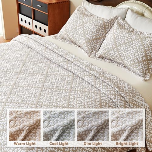 EVENHUG 100% Cotton Quilt Set Queen Size Bedding Sets with Pillow Shams Breathable Lightweight Bedspreads Coverlet for All Season 3 Piece (92"x96") - color: Beige Damask, size: Queen