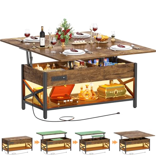 Aheaplus Coffee Table Lift Top with LED Light and Power Outlet, Multi-Function Coffee Table Converts to Dining Table, Center Table with Shelves for Living Room Reception Home Office, Rustic Brown - color: Rustic Brown