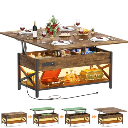 Aheaplus Coffee Table Lift Top with LED Light and Power Outlet, Multi-Function Coffee Table Converts to Dining Table, Center Table with Shelves for Living Room Reception Home Office, Rustic Brown - color: Rustic Brown