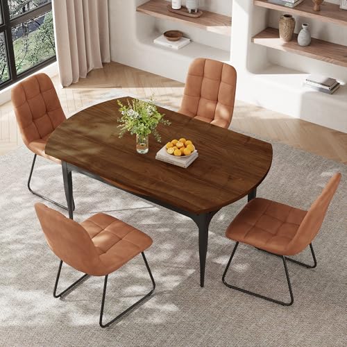 HIPIHOM Expandable Folding Dining Table Set, 55-Inch Round to Square Table with 6 Upholstered Chairs, Metal Frame, for Dining Room or Apartment (Round Table + 6 Brown Chairs) - color: Round Table + 6 Brown Chairs