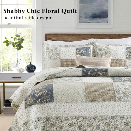 Yvooxny Quilt Set Queen Size Reversible Country Farmhouse Floral Real Patchwork Quilted Bedspread 3-Piece Quilt Set with Pillowcases with Ruffles for All Seasons, 90 x 98 Inches - color: G-gardenia, size: Queen