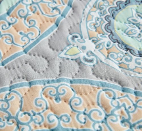 CHIXIN Boho Quilt Queen Size - Bohemian Chic Medallion Design - Lightweight Bedspread Coverlet Set, Ultrasonic Quilting Mandala Bedding Cover for All Season, 3 Piece, Aqua Blue - color: Skyblue/Wheat/White, size: Full/Queen(90"x92")