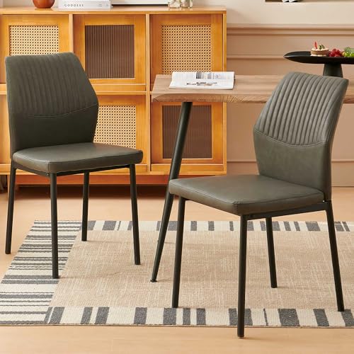 Dining Chairs Set of 2, PU Leather Dining Room Chairs, Comfortable Upholstered Kitchen Chair with Black Metal Legs for Living Room, Dining Room, Dark Grey - color: Dark Grey, size: 2 Chairs
