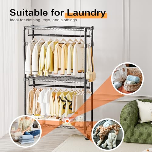 M MZG Heavy Duty Rolling Garment Rack 3 Tiers Adjustable Wire Shelving Clothes Rack with 2 Rods and Side Hooks,Storage Closet Clothing Rack with Wheels Black 15.7" D x 29.5" W x 74.5" H - color: Black, size: 3 Tier with 2 rod, 15.7"D x 29.5"W x 74.5"H